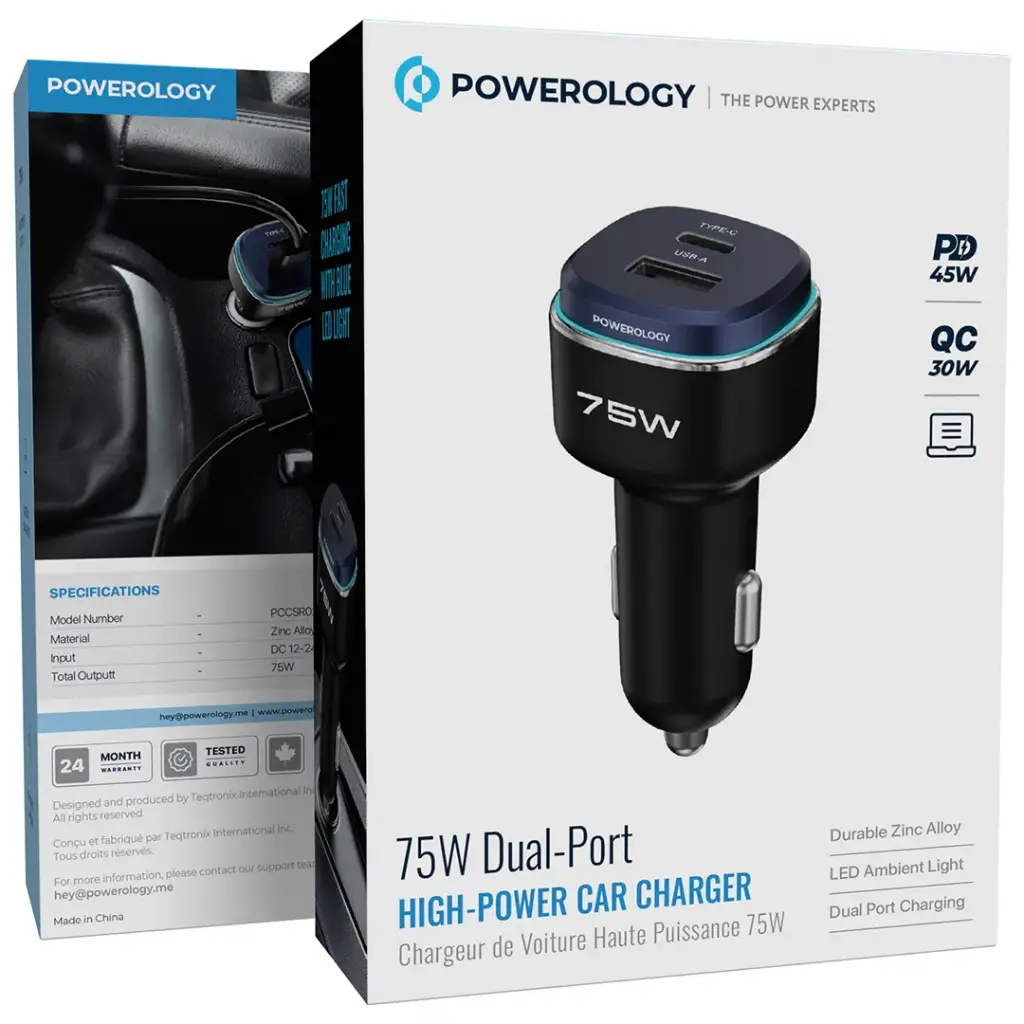 شارژر فندکی پاورولوژی Powerology 75W Dual-Port High Power-Port Car Charger